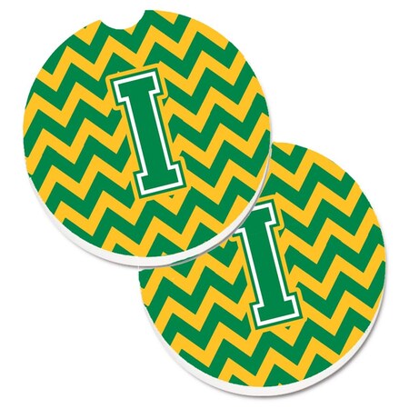 Carolines Treasures Letter I Chevron Green and Gold Set of 2 Cup Holder Car Coaster CJ1059-ICARC